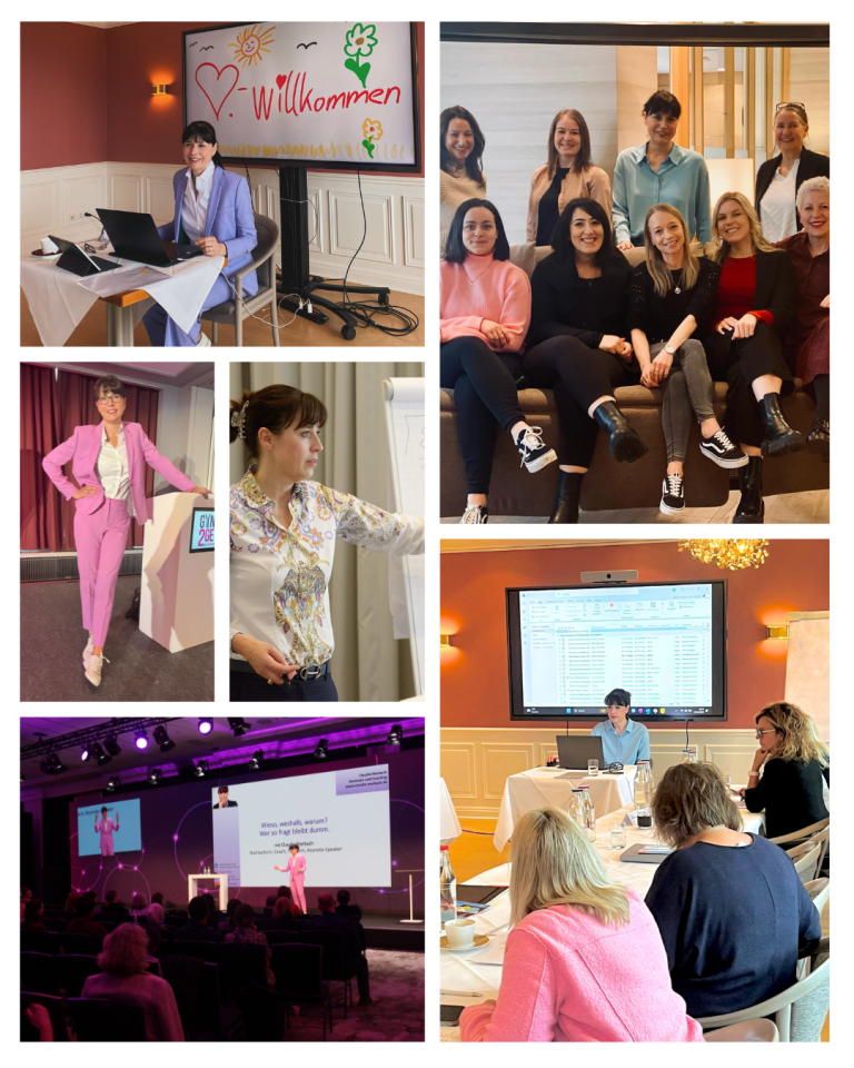 Seminare und Webinare in 2026 entdecken! Claudia Marbach im Training, mit Teilnehmerinnen und bei Vorträgen.